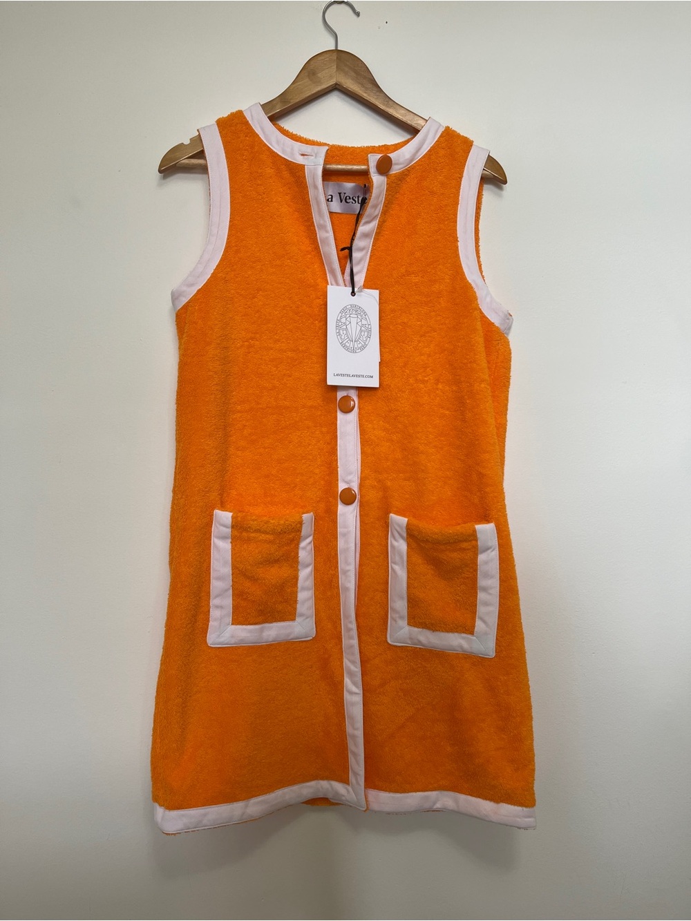 La Veste Buttoned Mini Towel Dress in Orange White Size Small NWT